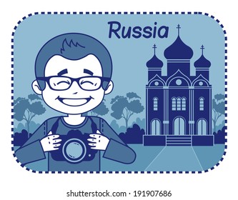 Teaser with photographer travels through Russia. Man on background of Orthodox church