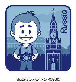 Teaser with photographer travels through Russia. Man on background of Moscow Kremlin
