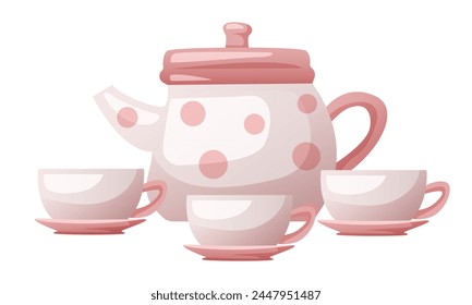 Tea-set. Teapot and three cups. Vector doodle clipart isolated on white background.