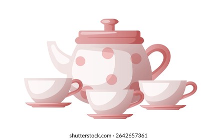 Conjunto de chá. Bule de chá e três xícaras. Vetor doodle clipart isolado no fundo branco.