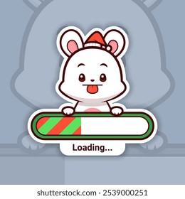 Teasing Christmas Bunny Holding a Loading Bar, Cute Vector Sticker Design, holidays are coming