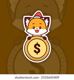 Teasing Christmas Fox Holding Coin or Money Icon, Vector Sticker Design