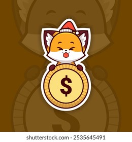 Teasing Christmas Fox Holding Coin or Money Icon, Vector Sticker Design