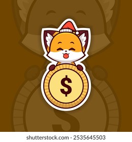 Teasing Christmas Fox Holding Coin or Money Icon, Vector Sticker Design