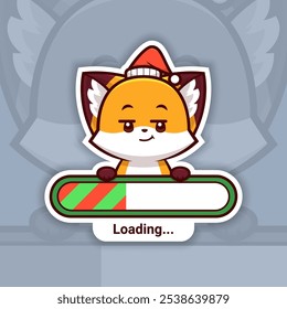 Teasing Christmas Fox Holding a Loading Bar, Cute Vector Sticker Design, holidays are coming