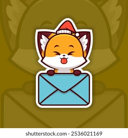 Teasing Christmas Fox Holding Mail Icon, Vector Sticker Design