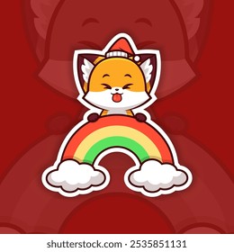Teasing Christmas Fox Holding Rainbow Icon, Vector Sticker Design