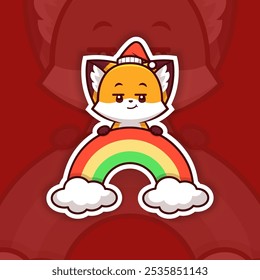 Teasing Christmas Fox Holding Rainbow Icon, Vector Sticker Design
