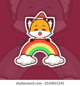 Teasing Christmas Fox Holding Rainbow Icon, Vector Sticker Design