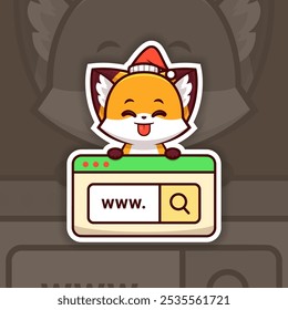 Teasing Christmas Fox Holding a Web Search Icon, Sticker Design Vector