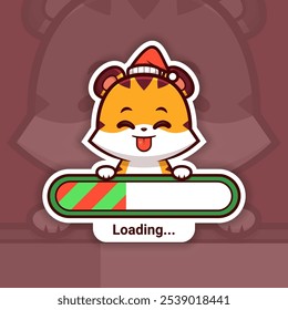 Teasing Christmas Tiger Holding a Loading Bar, Cute Vector Sticker Design