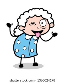 Teasing with Tongue Out - Old Cartoon Granny Vector Illustration