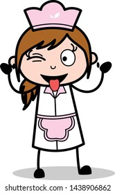 Teasing and Winking Eye - Retro Cartoon Waitress Female Chef Vector Illustration