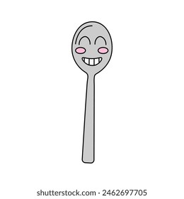 Teaspoon character in 70s cartoon style. Vector illustration isolated on white background
