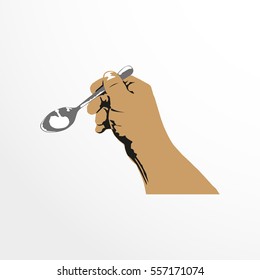 A teaspoon in his hand. Color vector illustration.