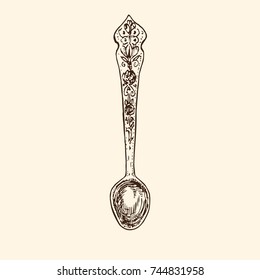 Teaspoon with ornament, hand drawn doodle, simple sketch in pop art style, vector black and white illustration