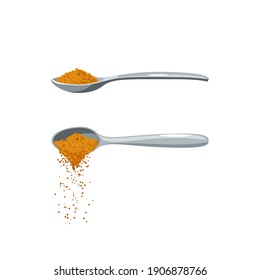 Teaspoon Pouring Brown Cane Sugar. Vector Illustration Flat Cartoon Icon Isolated On White Background.