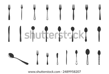 Teaspoon silhouette, Spoon silhouette, Spoon and forks silhouttes, Teaspoon vector, Forks silhouette, Spoons vector set