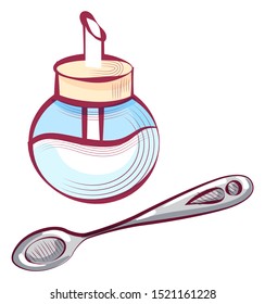 Teaspoon and sugar with metal pipe vector, sweetener of food and beverages in container. Spoon small portions, steel with stylish handle flat style