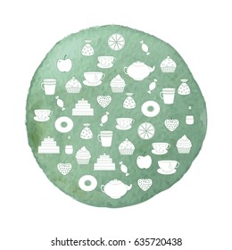 Tea,sweets on watercolor background.Tea Time.Crockery and sweets food.Collection of tea, teapots, cups, donuts, cakes, cupcakes and fruits