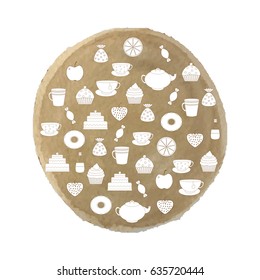 Tea,sweets on watercolor background.Tea Time.Crockery and sweets food.Collection of tea, teapots, cups, donuts, cakes, cupcakes and fruits