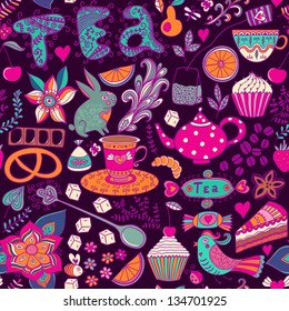 Tea,sweets seamless doodle pattern. Copy that square to the side and you'll get seamlessly tiling pattern which gives the resulting image the ability to be repeated or tiled without visible seams.