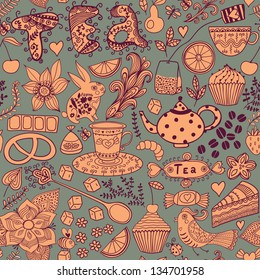 Tea,sweets seamless doodle pattern. Copy that square to the side and you'll get seamlessly tiling pattern which gives the resulting image the ability to be repeated or tiled without visible seams.