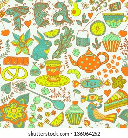 Tea,sweets seamless doodle pattern. Copy that square to the side and you'll get seamlessly tiling pattern which gives the resulting image the ability to be repeated or tiled without visible seams.