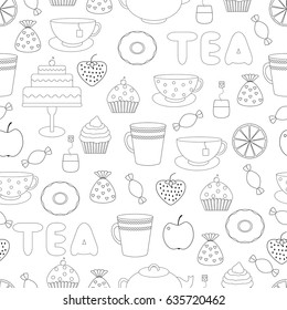 Tea,sweets seamless pattern.Tea Time.Crockery and sweets food.Background with tea, teapots, cups, donuts, cakes, cupcakes and fruits.Coloring book