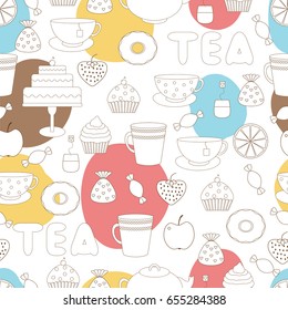 Tea,sweets seamless pattern.Tea Time.Crockery and sweets food.Background with tea, teapots, cups, donuts, cakes, cupcakes and fruits
