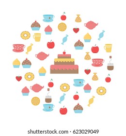 Tea,sweets set.Tea Time.Crockery and sweets food.Collection of tea, teapots, cups, donuts, cakes, cupcakes and fruits