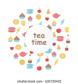 Tea,sweets set.Tea Time.Crockery and sweets food.Collection of tea, teapots, cups, donuts, cakes, cupcakes and fruits
