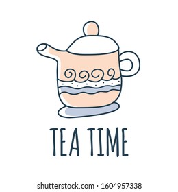 Teat time kettle cartoon doodle vector stock icon in flat style. Decoration kitchenware element Isolated on white background. Flat design. Vector illustration