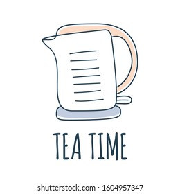 Teat time kettle cartoon doodle vector stock icon in flat style. Decoration kitchenware element Isolated on white background. Flat design. Vector illustration