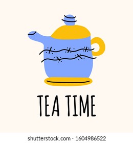 Teat time kettle cartoon doodle vector stock icon in flat style. Decoration kitchenware element Isolated on white background. Flat design. Vector illustration