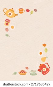 Borde temático de té con teteras, tazas y hojas de otoño. Acogedor ambiente de té con teteras, tazas y cálidos colores otoñales. Perfecto para los amantes del té. Vector de fondo de borde de marco temático acogedor.