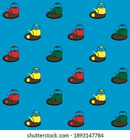 Teathings seamless pattern on blue background. Teapots and cups in three colours on wooden trays. Pattern for kitchen fabric