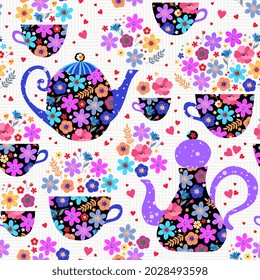 Teatime among flowers. Vector seamless pattern. Teapots and cups with beautiful floral ornament.  