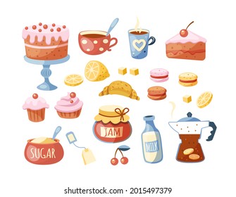 Teatime autumn element set: cups, teapots, kettle, coffee pot, sweets, croissants, cake, dairy products, cupcake, lemon, sugar, jam. Tea party food and drink. Kitchen elements isolated on white vector