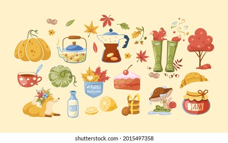 Teatime autumn set: cups, teapots, sweets, croissants, cake, dairy products, lemon. Autumn tea party food and drink. Traditional fall attributes yellow foliage, seasonal harvest, umbrella, leaves