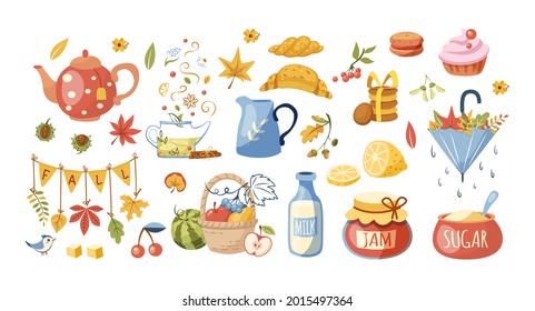 Teatime autumn set: cups, teapots, sweets, croissants, cake, dairy products, lemon. Autumn tea party food and drink. Traditional fall attributes yellow foliage, seasonal harvest, umbrella, leaves