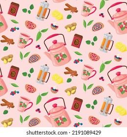 Teatime background with cup, kettle, french press, sweets, leaves, ginger, lemon, cinnamon. Simless pattern, wallpaper, texture for textile, fabric, kitchen decoration