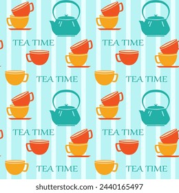 Teatime background with cups and kettle, seamless vector pattern, colorful kitchen background, tablecloth, wrapping paper, wallpaper, packaging.
