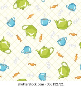 Teatime background. Hand drawn seamless pattern with green teapots and blue cups.