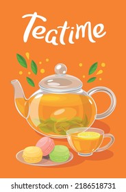 Fondo de té con tetera, taza, rebanada de limón, hojas, macarons en platillo. Cartel, volante, pancarta, cubierta del menú, decoración de etiqueta, embalaje