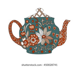 Teatime. Beautiful teapot with floral ornament isolated on white background. Vector illustration. 