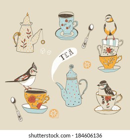 Teatime. Birds, teacups and teapots