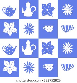 Teatime. Blue and white tiling background. Seamless vector illustration. Can be used for ceramic tile.