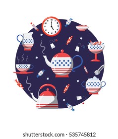 Teatime circle illustration. Design elements for cafe, confectionery. Tea porcelain, watches, candies, tea bags, sugar