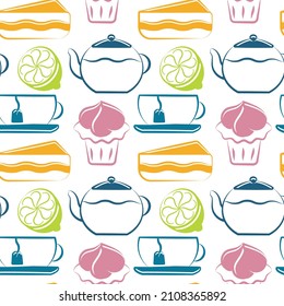 Teatime colored seamless pattern  Hand drawn ink brush design  Teapot  cup  lemon  cupcake  dessert icon symbols outline style elements  White easy editable color background  Vector